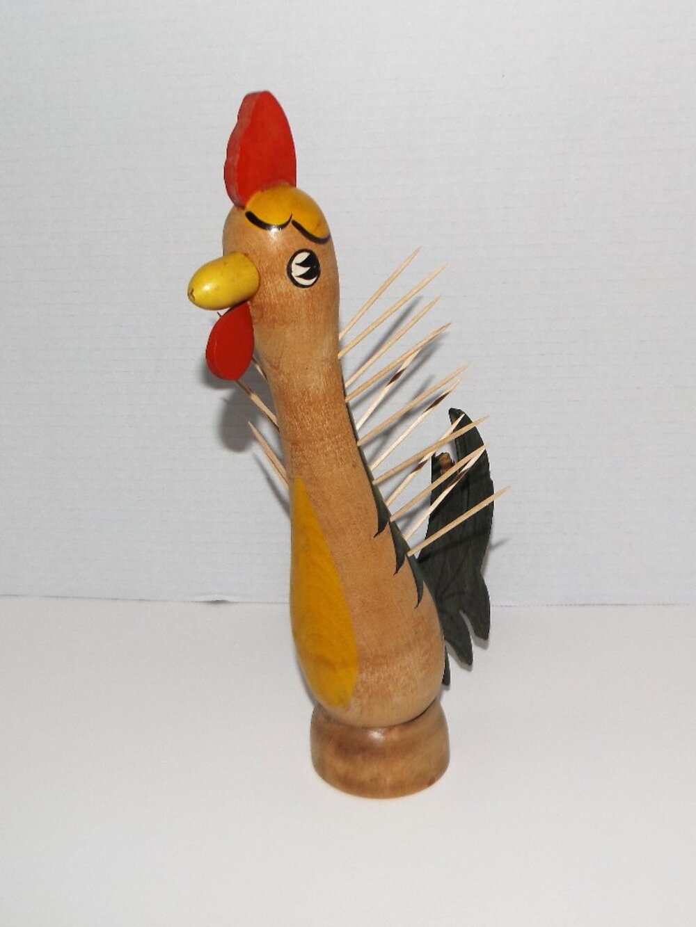 Mid Century Ucagco Wooden Rooster Novelty Toothpick Holder Farmyard Decor